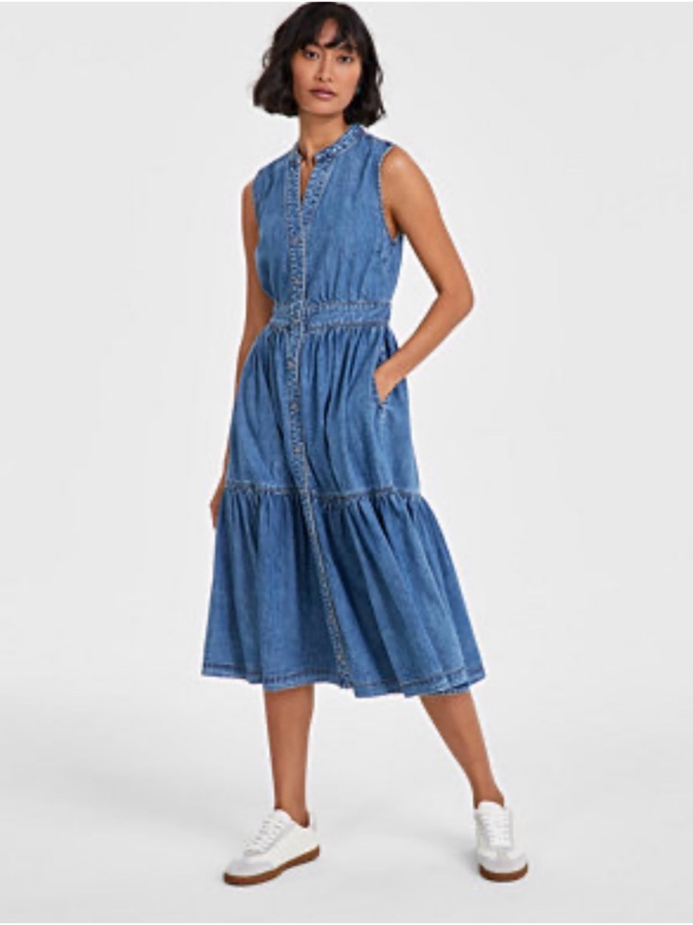 On 34th Boho Denim Tiered Midi Dress Blue S Excellent Condition